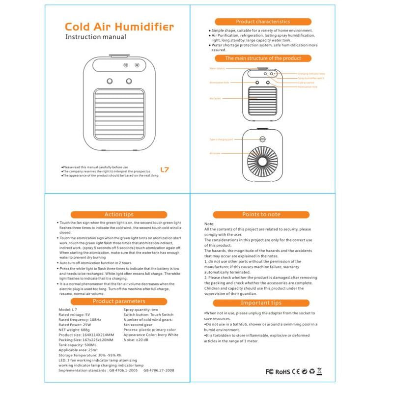 Portable Air Conditioner, USB Rechargeable Air Cooler Fan, Water Cooling Fan, Air Conditioning for Room Office, Universal Accessories